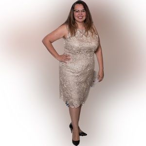 Adrianna Papell Dress 16 W Matte Gold Lace Wedding Party Event Sheath w Bra